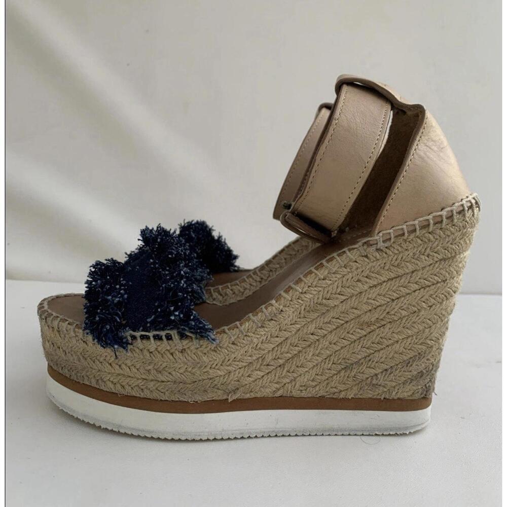 See By Chloé Glyn fringed wedge espadrille sandals Denim Blue Sz 37 Or 7